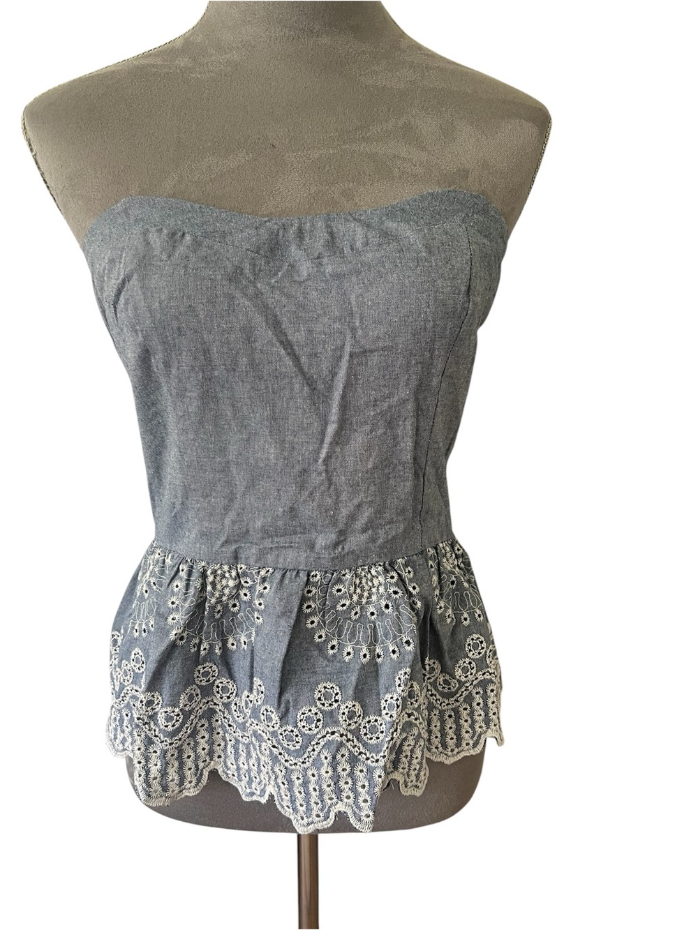 Strapless Gray/Blue Eyelet-Trim Peplum Camisole